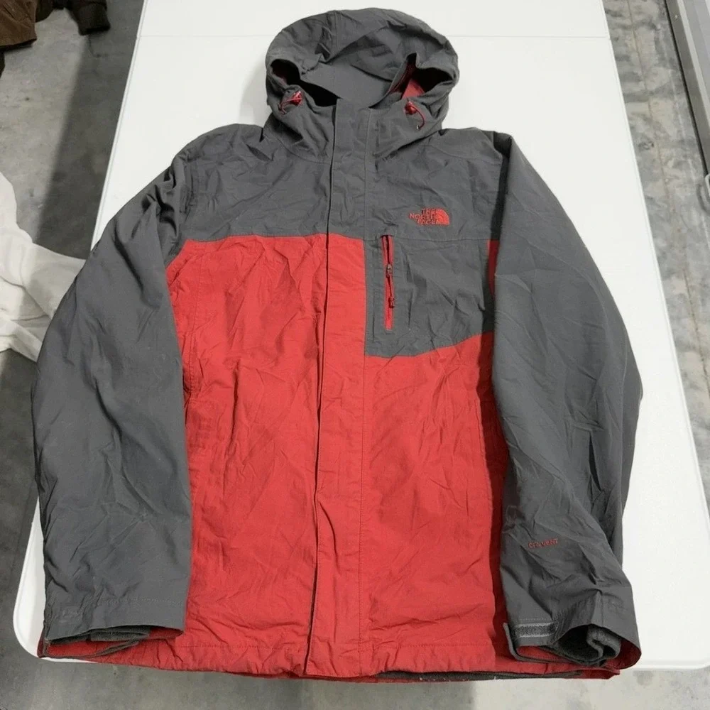 The North Face DryVent Hooded Rain Jacket Mens Large Gray Red Colorblock‎ Shell